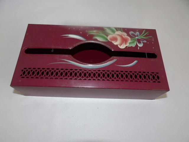 Vintage Metal Tissue Box Holder Maroon w/ Painted Flowers Wall or Counter top | eBay