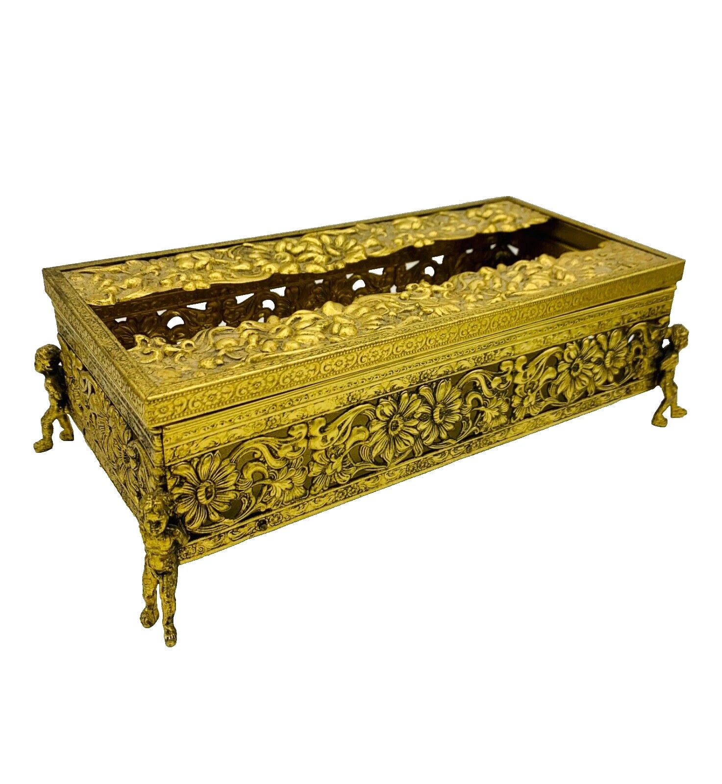 Vtg Hollywood Regency Gold Ormolu Cherub/Putti Tissue Box w/ Floral Decoration | eBay