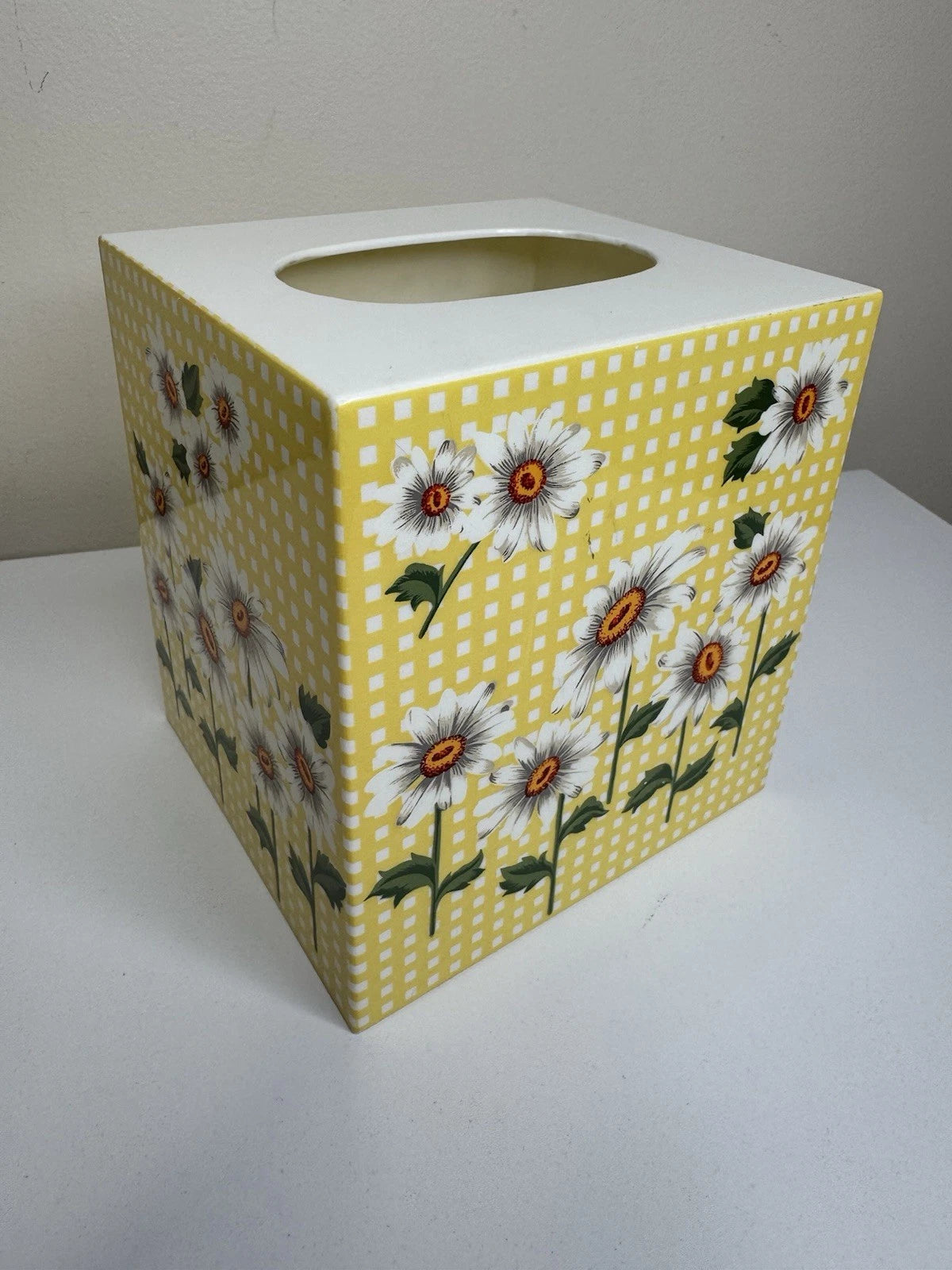 Vintage Square Tissue Box Cover 1970’s Acrylic White Daisies Yellow Gingham | eBay