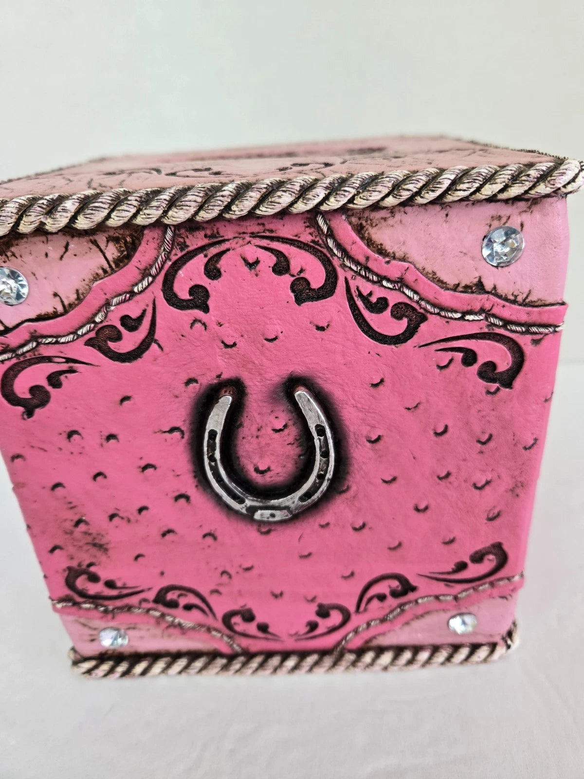Western Cowgirl Rustic Pink Tissue Box Cover Boot Horseshoe Rhinestone Bling EUC | eBay