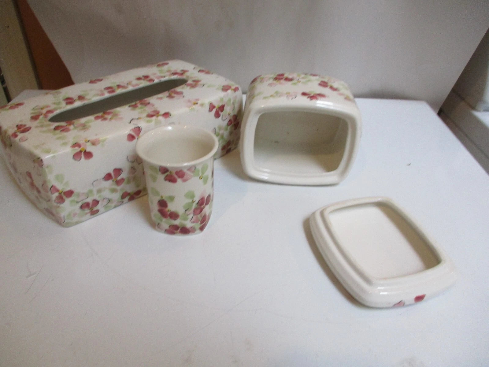 Vintage Tissue Box Cover Cup Jar Pink Floral Porcelain Portugal Pereiras 3 Piec | eBay