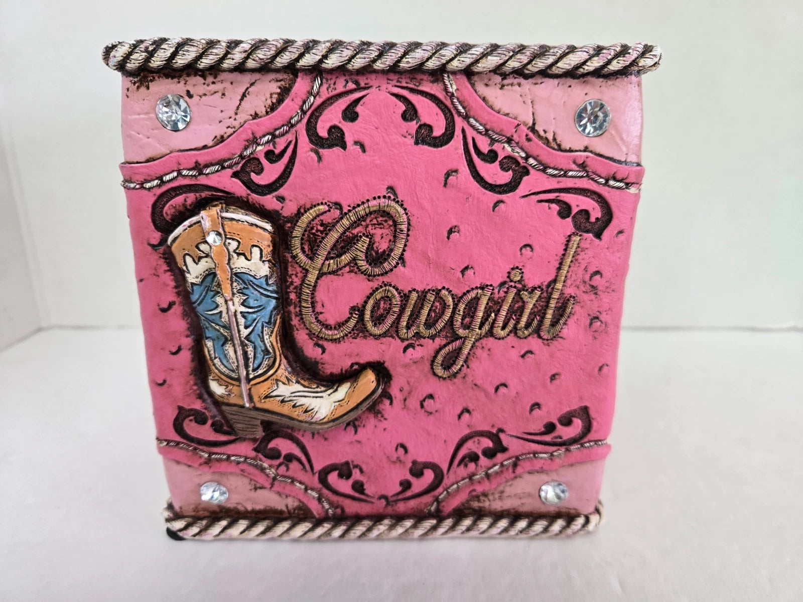 Western Cowgirl Rustic Pink Tissue Box Cover Boot Horseshoe Rhinestone Bling EUC | eBay