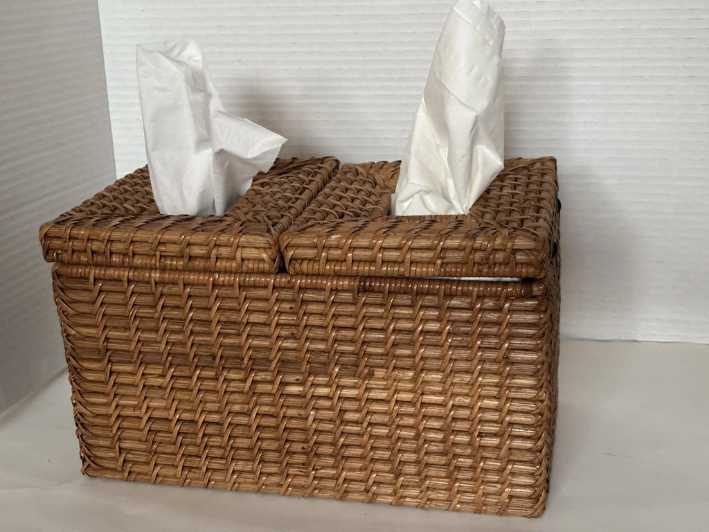 Wicker Tissue Box Double Holder Woven Rattan 6.5”T X 11”W X 6”D 2 Hinged Lids | eBay