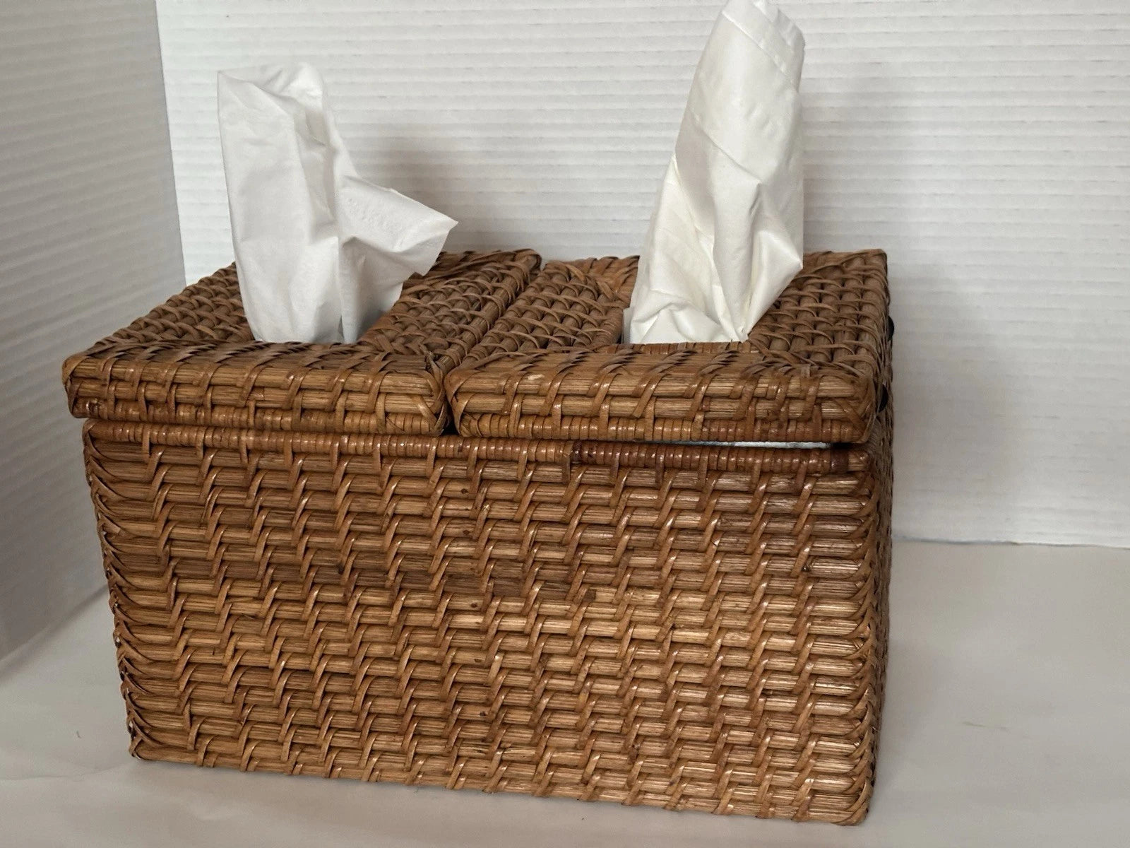 Wicker Tissue Box Double Holder Woven Rattan 6.5”T X 11”W X 6”D 2 Hinged Lids | eBay