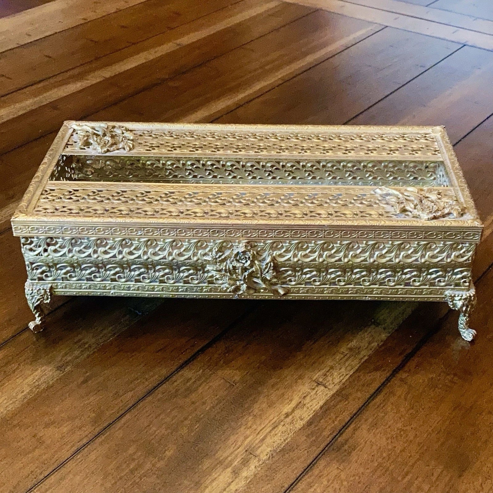 Vintage Brass Filigree Tissue Box Holder Floral Flower Roses Hollywood Regency | eBay